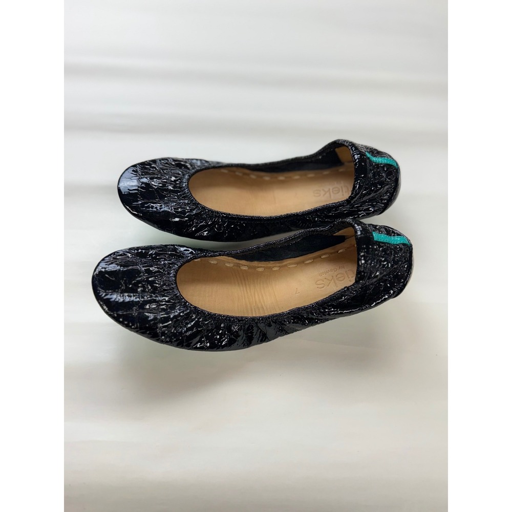 TIEKS 5 Black Marble Crinkle Patent Leather Ballet Shoes Teal Soles Sz 7